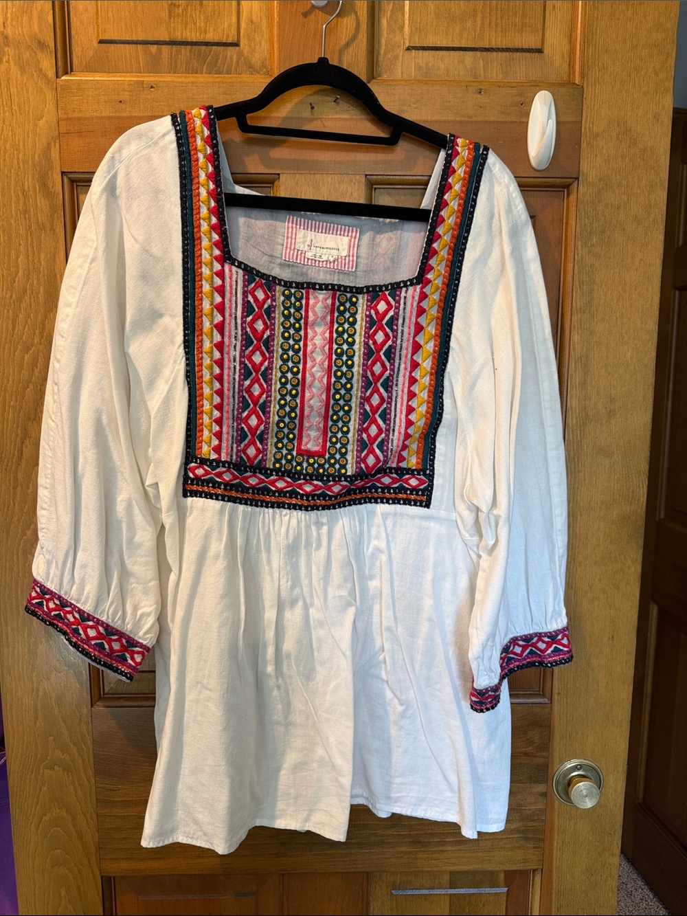 Anthropologie White Tunic with Multicolor Embroidered Yoke